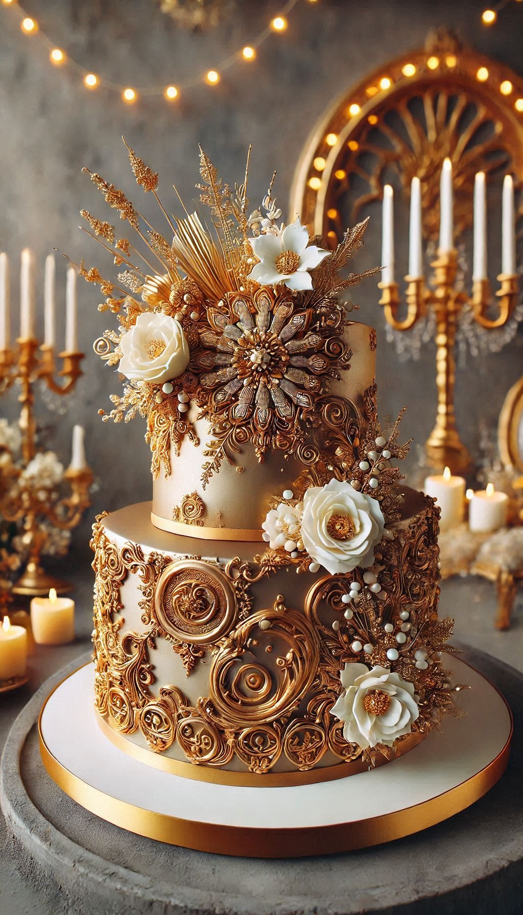 Say ‘I do’ to this gold-accented wedding cake. Edible metallic details create a stunning centerpiece that’s deliciously decadent.