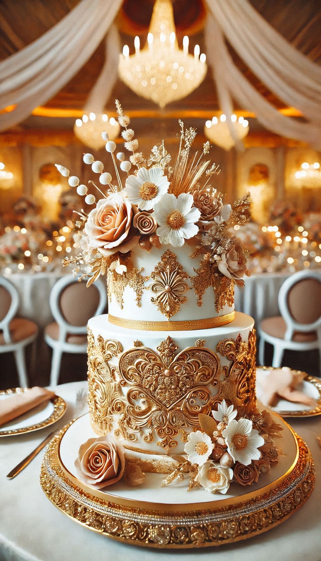 Add a touch of glamour to your wedding with this gold-accented cake. Edible metallic details make it a piece of edible luxury.