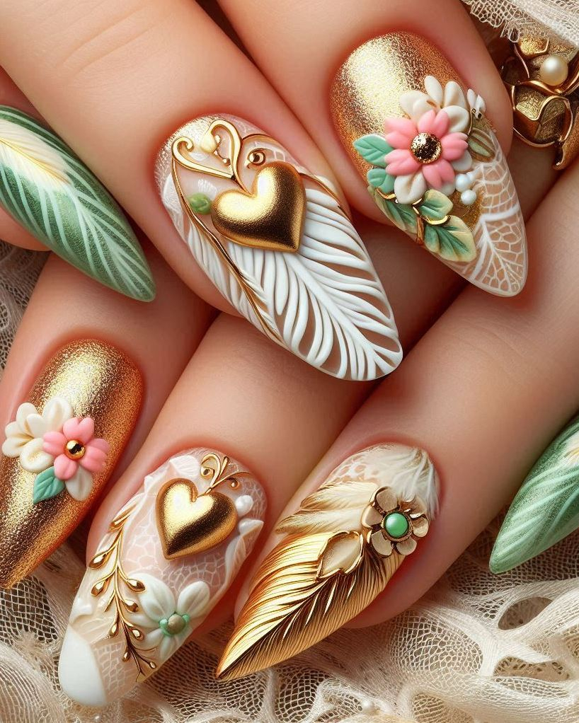 Soar high with this Feather Themed Green, White, and Gold heart nail art. Perfect for adding a touch of elegance and whimsy to your look!