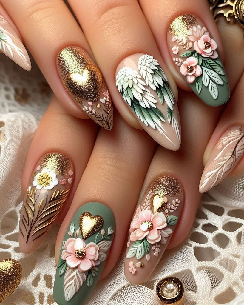 Embrace your whimsical side with this Feather Themed Green, White, and Gold heart nail art. Ideal for those who love a touch of magic in their look!