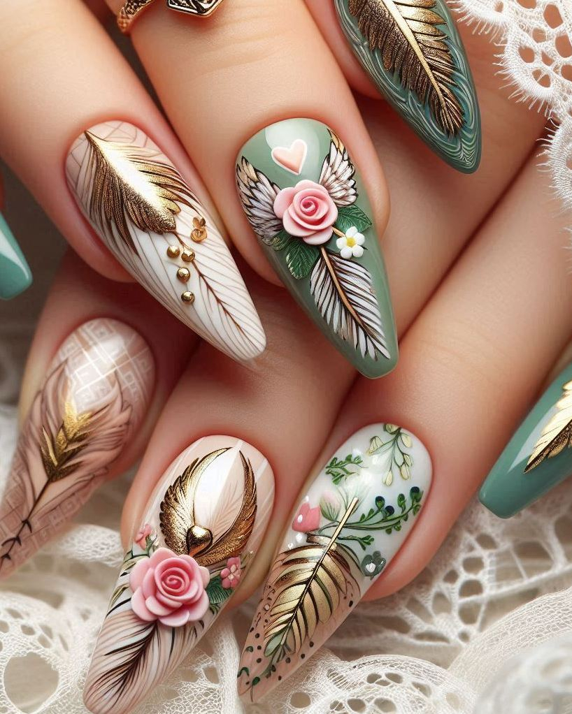 Add a splash of elegance to your nails with this Feather Themed Green, White, and Gold heart nail art. Perfect for a sophisticated and creative look!