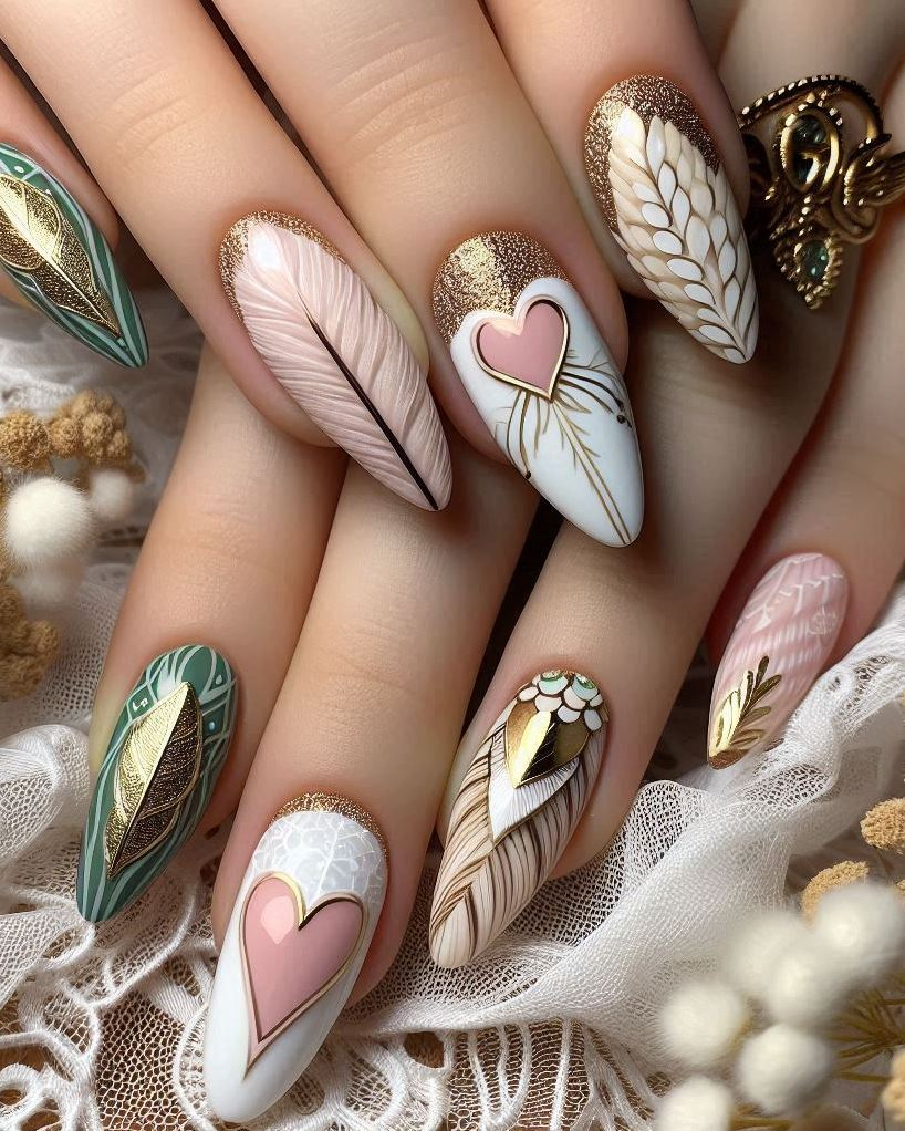 Showcase your style with this Feather Themed Green, White, and Gold heart nail art. A beautiful and unique design that’s sure to stand out!