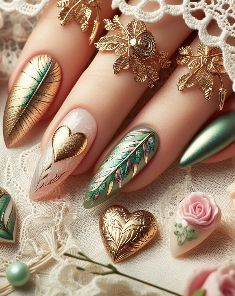 Fly high with this Feather Themed Green, White, and Gold heart nail art. Perfect for those who love a chic and whimsical look!