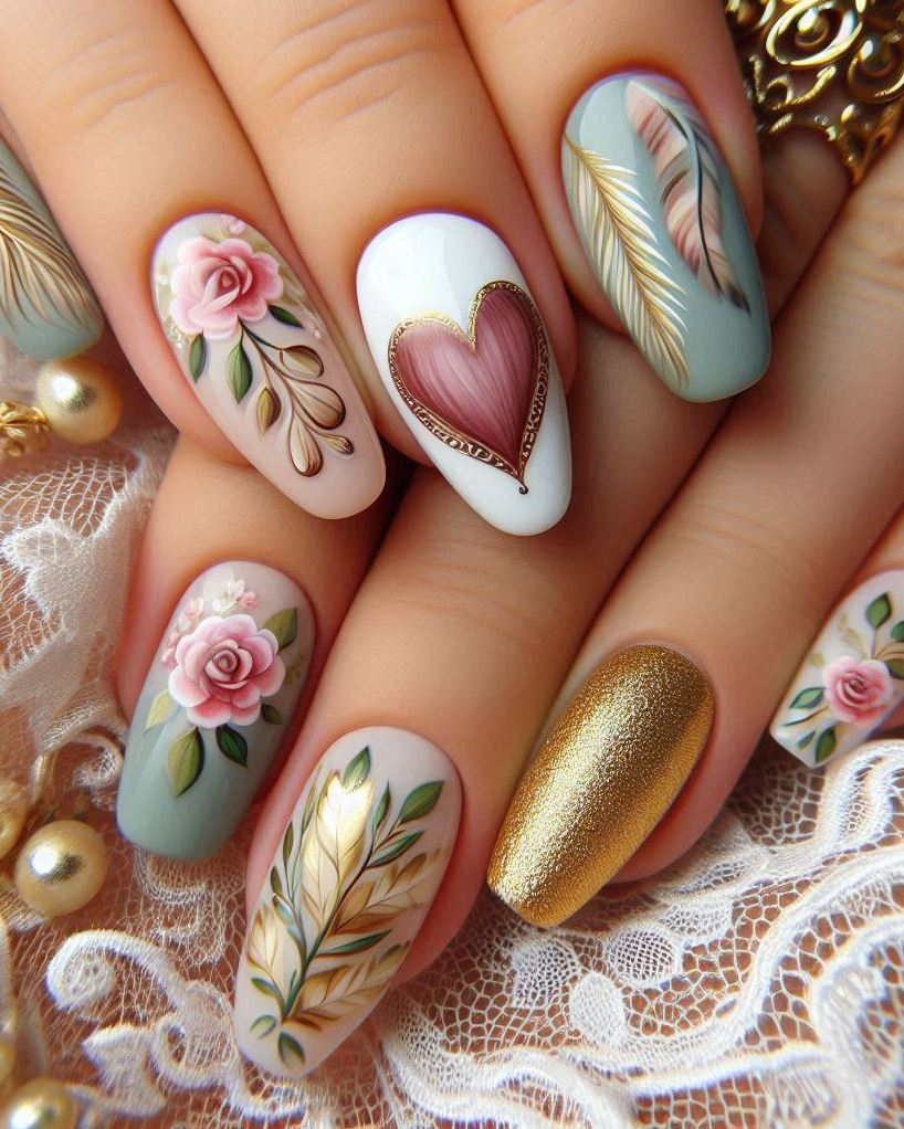 Heart Nail Art Ideas: Add a touch of charm to your nails with this Feather Themed Green, White, and Gold heart nail art. A stunning and elegant design!