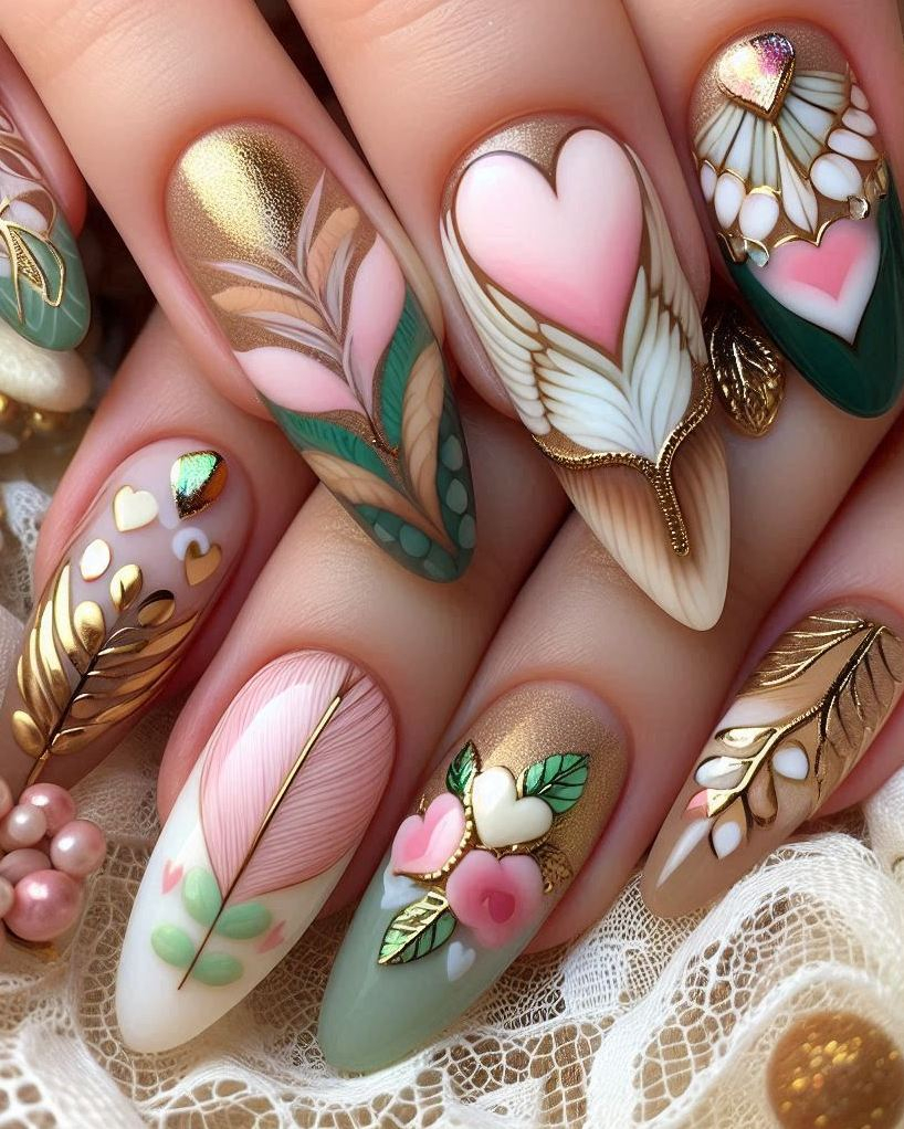 Transform your nails with this beautiful Feather Themed Green, White, and Gold heart nail art. Perfect for a stylish and creative look!