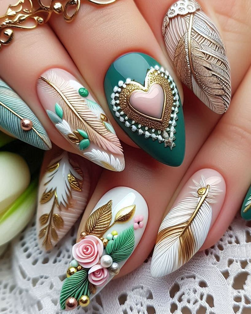 Soar high with this Feather Themed Green, White, and Gold heart nail art. Perfect for adding a touch of elegance and whimsy to your look!