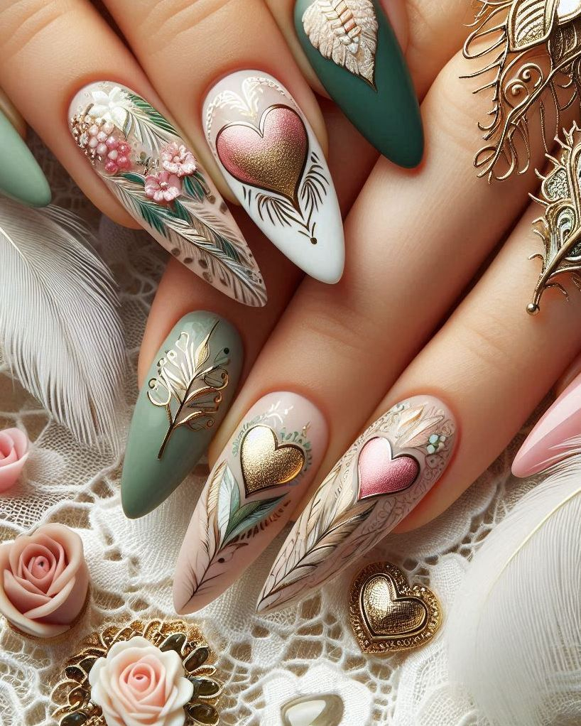 Elevate your style with this stunning Feather Themed Green, White, and Gold heart nail art. The perfect blend of sophistication and creativity!