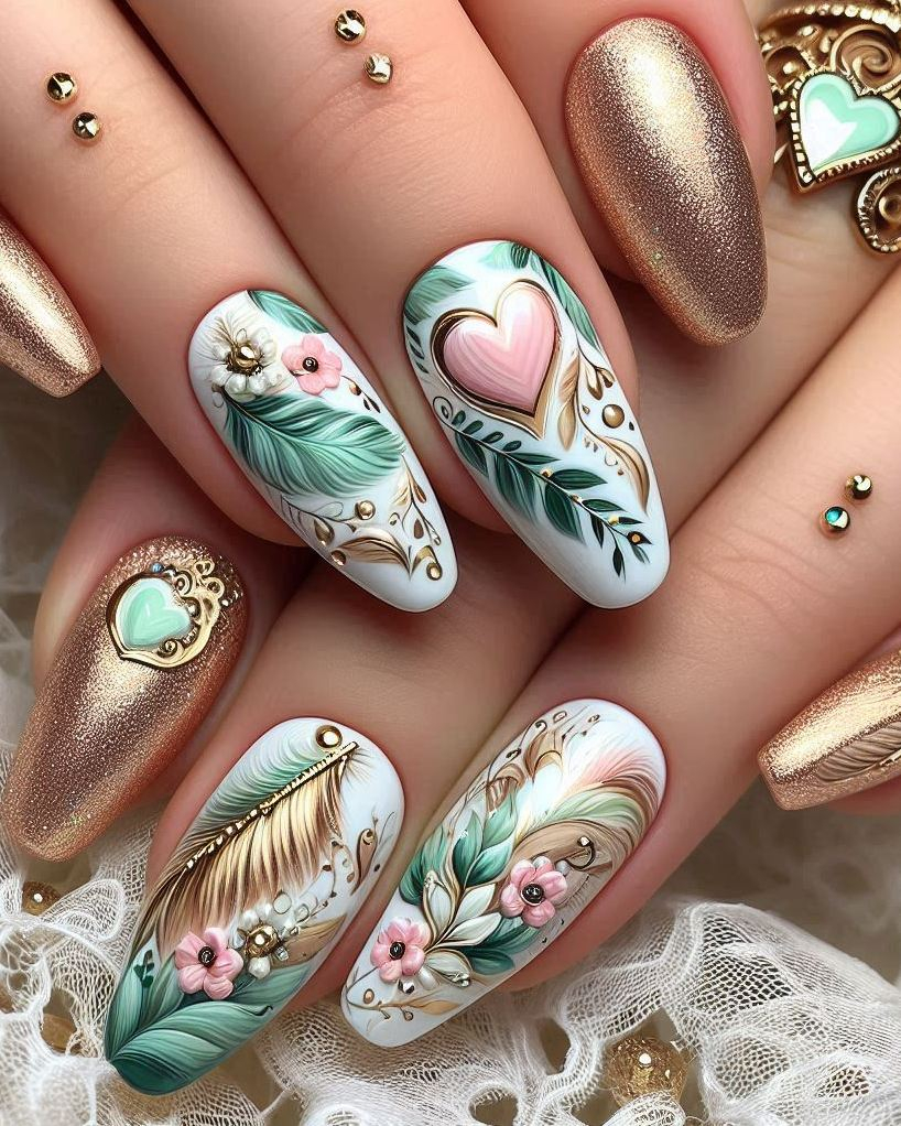 Flutter into fabulous with this Feather Themed Green, White, and Gold heart nail art. Ideal for those who love a delicate yet striking design!