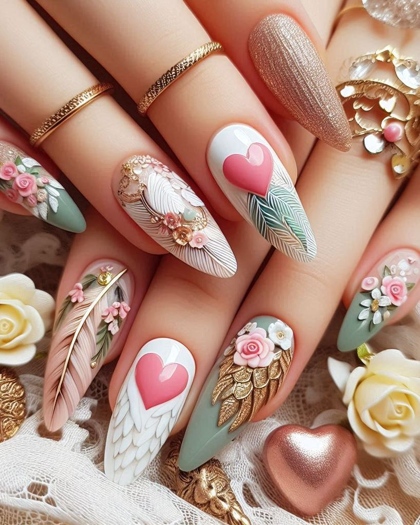 Heart Nail Art Ideas: Add a touch of magic to your nails with this Feather Themed Green, White, and Gold heart nail art. A unique and captivating look for any occasion!