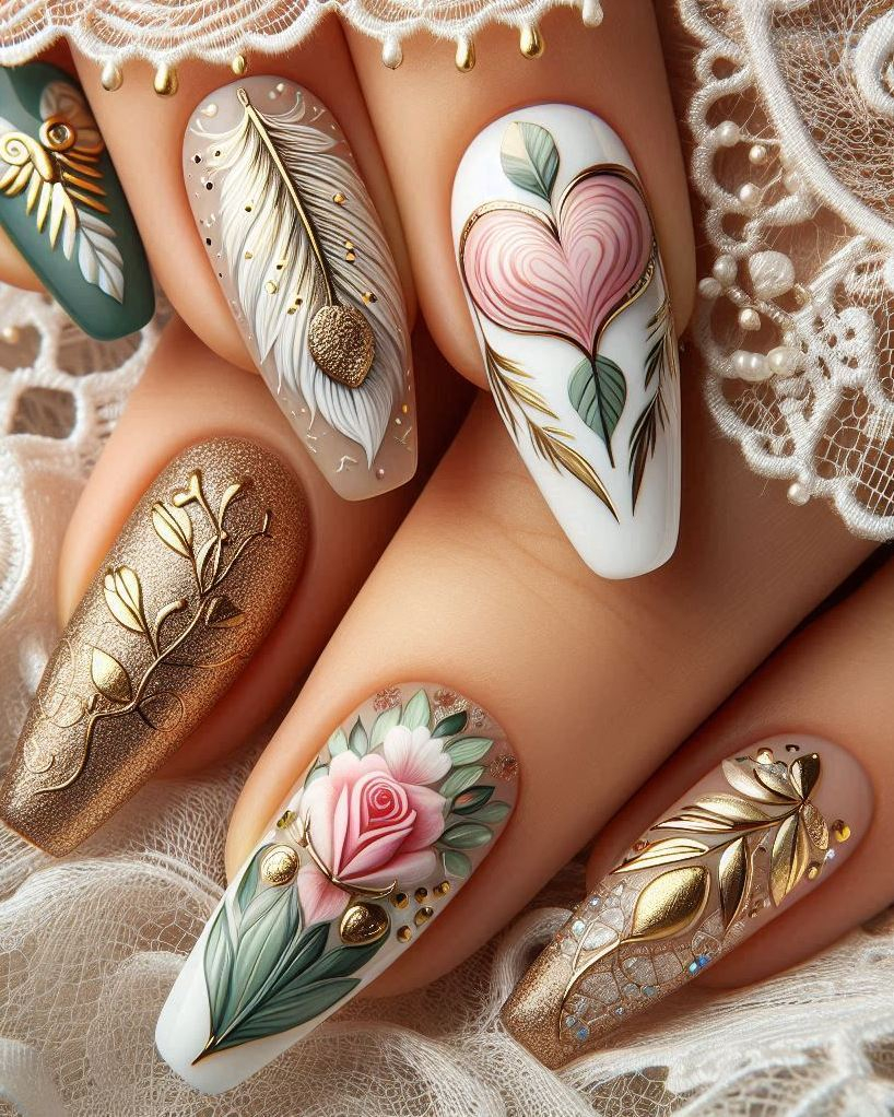 Elevate your style with this stunning Feather Themed Green, White, and Gold heart nail art. The perfect blend of sophistication and creativity!