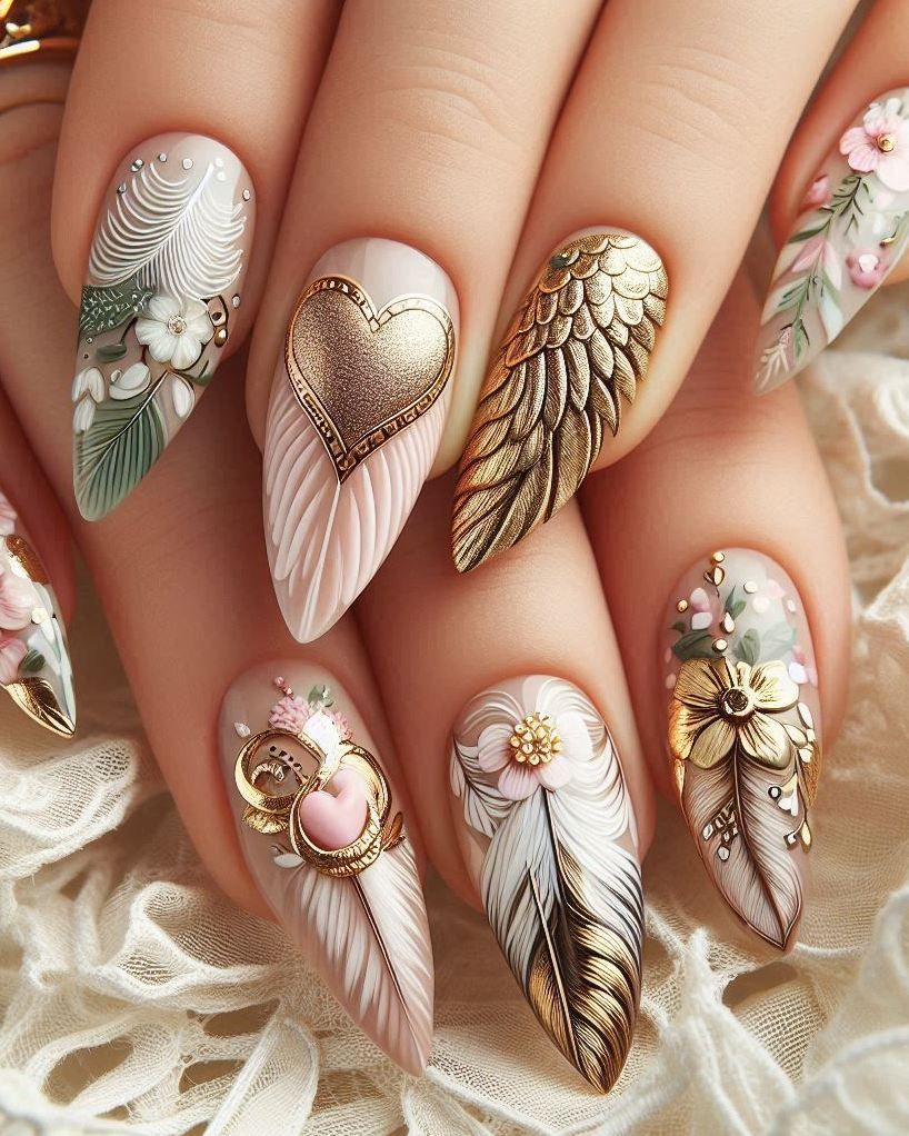 Transform your manicure with this enchanting Feather Themed Green, White, and Gold heart nail art. Perfect for a whimsical and elegant look!