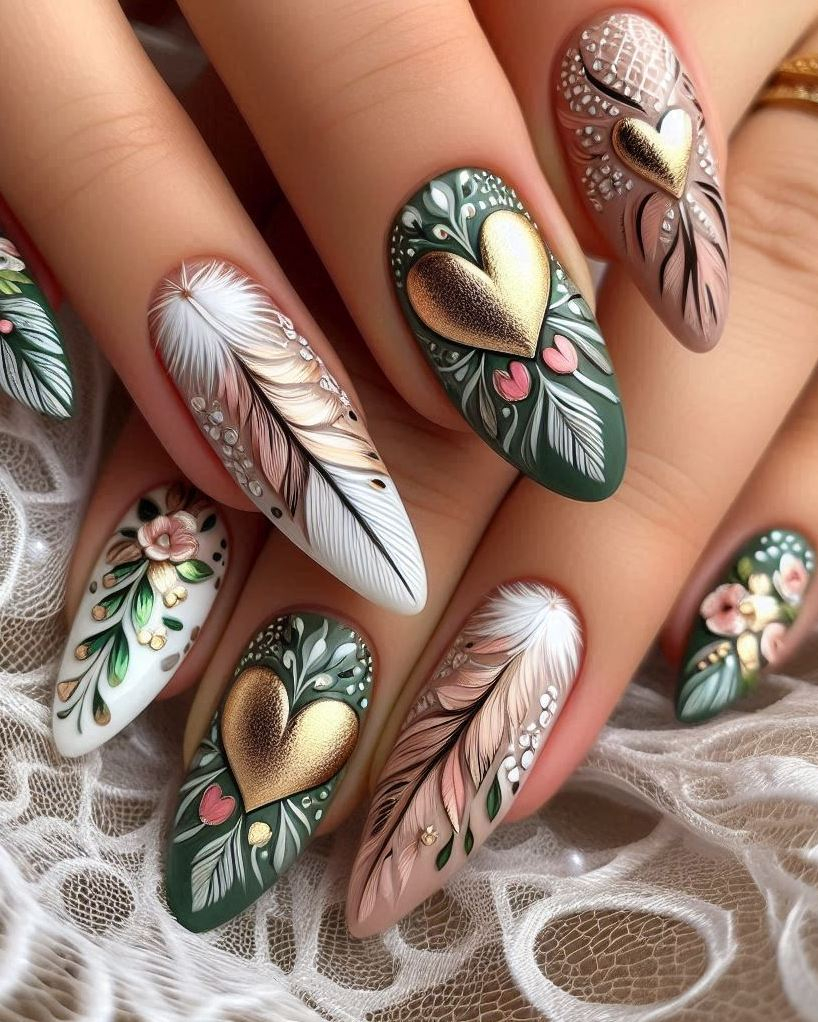 Fly into fashion with this Feather Themed Green, White, and Gold heart nail art. A chic and sophisticated design that’s sure to impress!