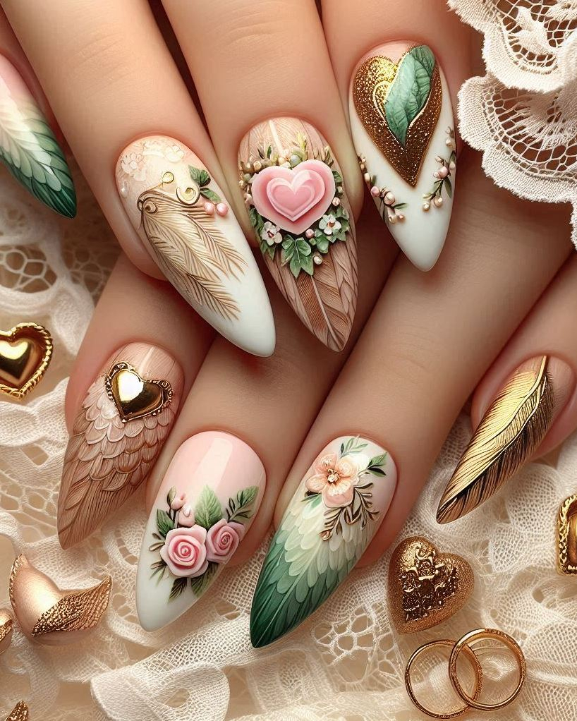 Show off your creative side with this Feather Themed Green, White, and Gold heart nail art. A beautiful blend of colors and intricate details!