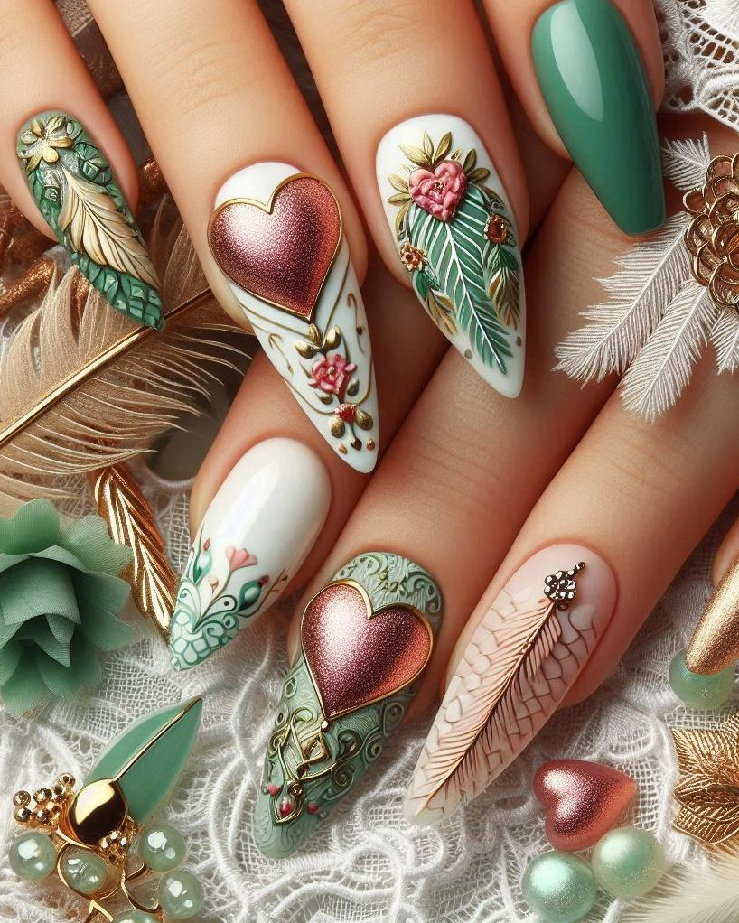 Heart Nail Art Ideas: Get ready to turn heads with this Feather Themed Green, White, and Gold heart nail art. Perfect for adding a touch of elegance to your style!