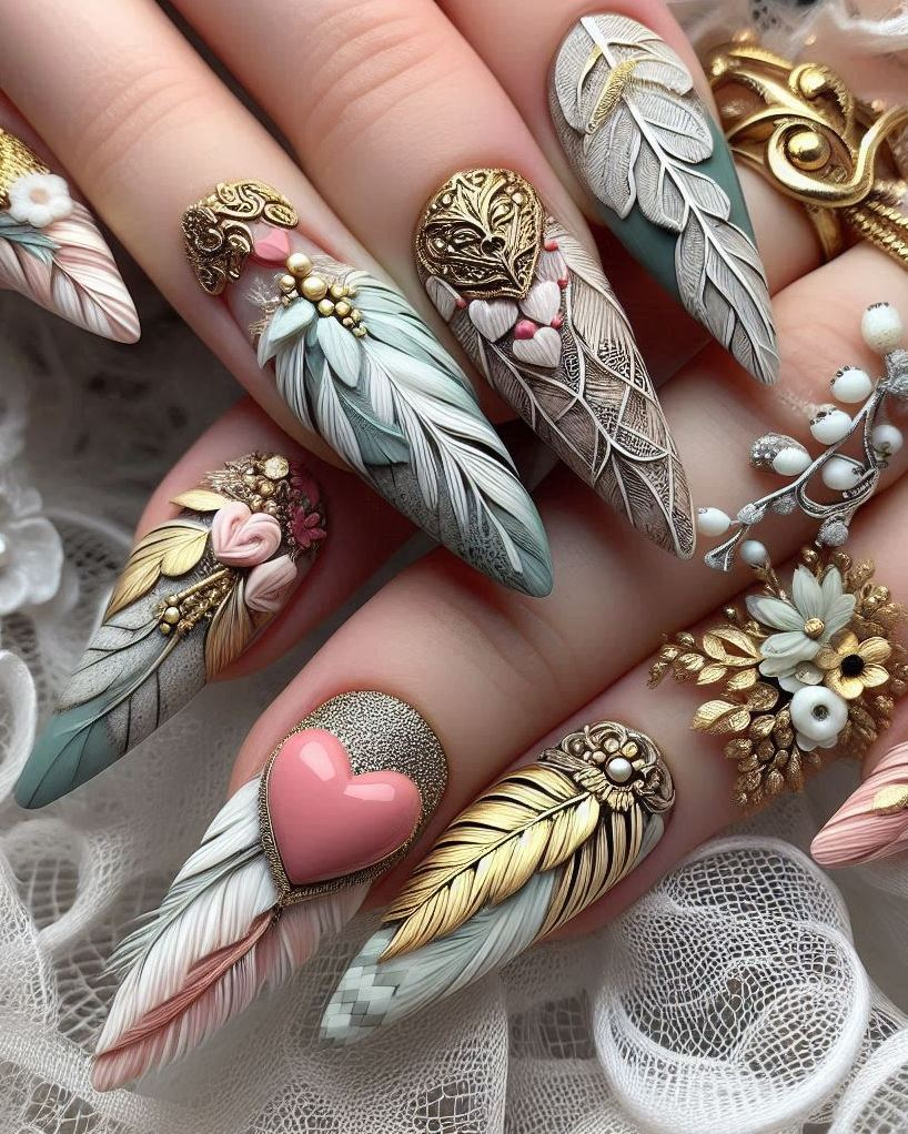 Embrace your whimsical side with this Feather Themed Green, White, and Gold heart nail art. Ideal for those who love a touch of magic in their look!