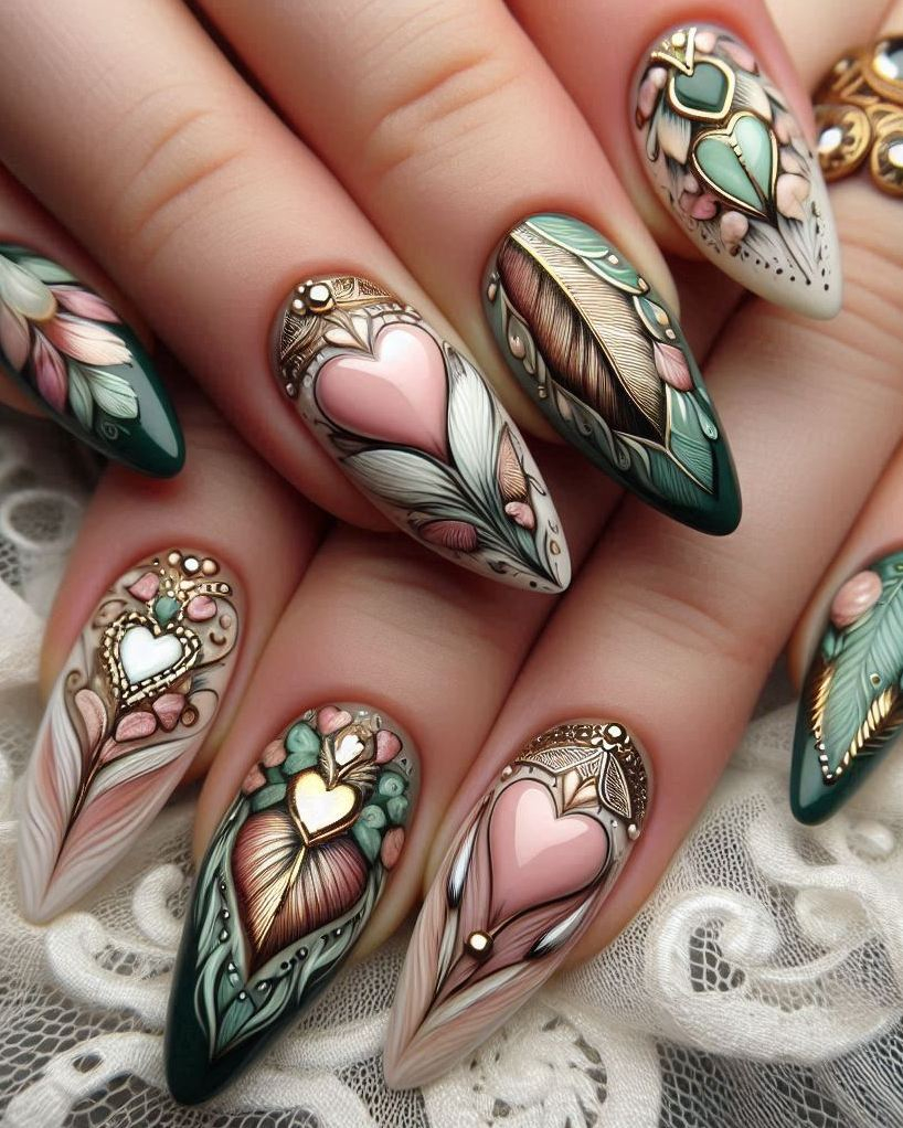 Add a splash of elegance to your nails with this Feather Themed Green, White, and Gold heart nail art. Perfect for a sophisticated and creative look!