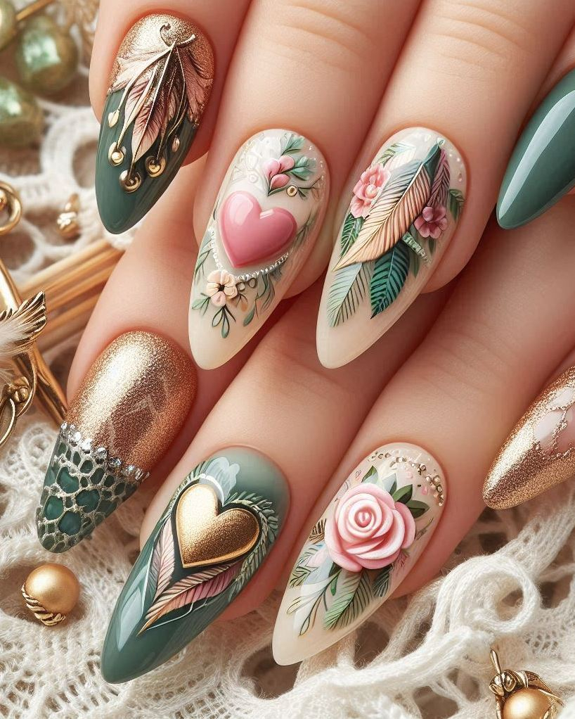 Heart Nail Art Ideas: Showcase your style with this Feather Themed Green, White, and Gold heart nail art. A beautiful and unique design that’s sure to stand out!