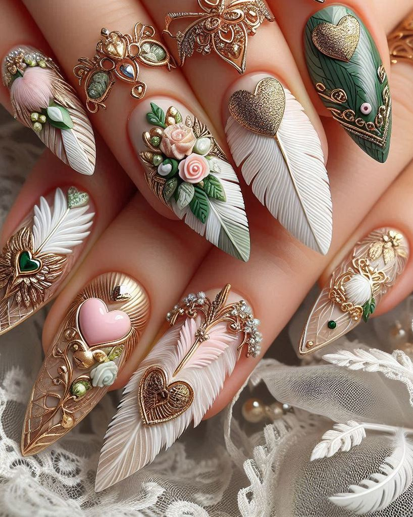 Flutter into fabulous with this Feather Themed Green, White, and Gold heart nail art. Ideal for those who love a delicate yet striking design!