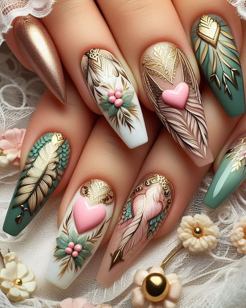 Add a touch of magic to your nails with this Feather Themed Green, White, and Gold heart nail art. A unique and captivating look for any occasion!