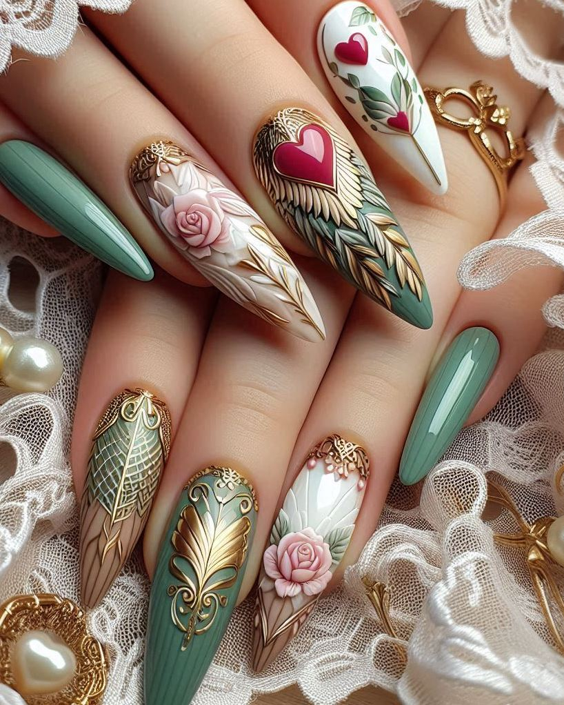 Transform your manicure with this enchanting Feather Themed Green, White, and Gold heart nail art. Perfect for a whimsical and elegant look!