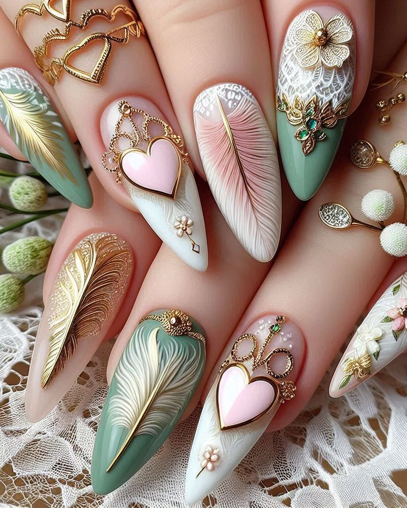 Show off your creative side with this Feather Themed Green, White, and Gold heart nail art. A beautiful blend of colors and intricate details!