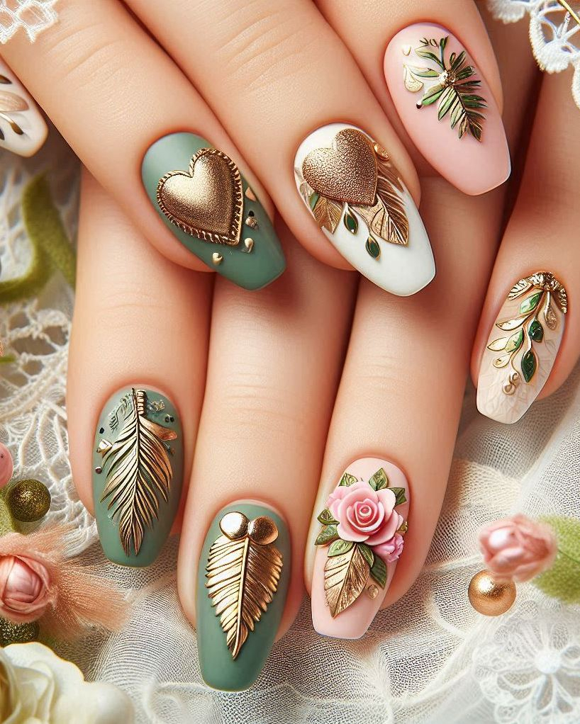 Heart Nail Art Ideas: Get ready to turn heads with this Feather Themed Green, White, and Gold heart nail art. Perfect for adding a touch of elegance to your style!