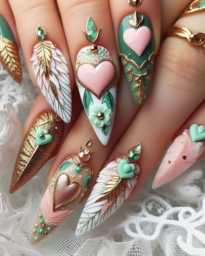 Elevate your nail game with this Feather Themed Green, White, and Gold heart nail art. A unique and stylish design that’s perfect for any season!