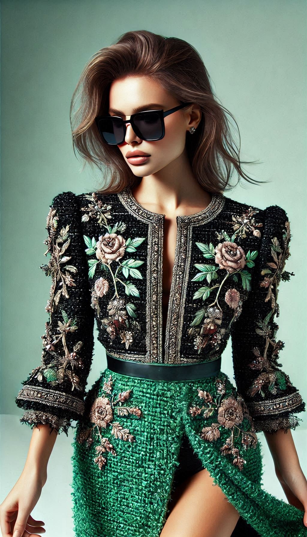 Step into elegance with this stunning green and black tweed dress. Perfect for any special occasion, it’s a showstopper that exudes sophistication.