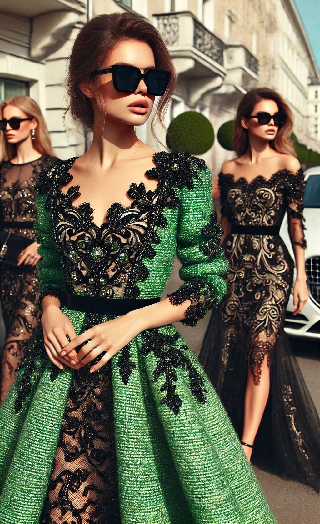 Step into sophistication with this stunning green and black tweed dress. Ideal for any special event, it’s a true classic.