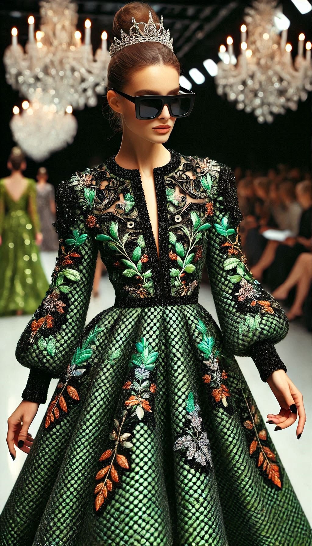 Step into elegance with this stunning green and black tweed dress. Perfect for any special occasion, it’s a showstopper that exudes sophistication.