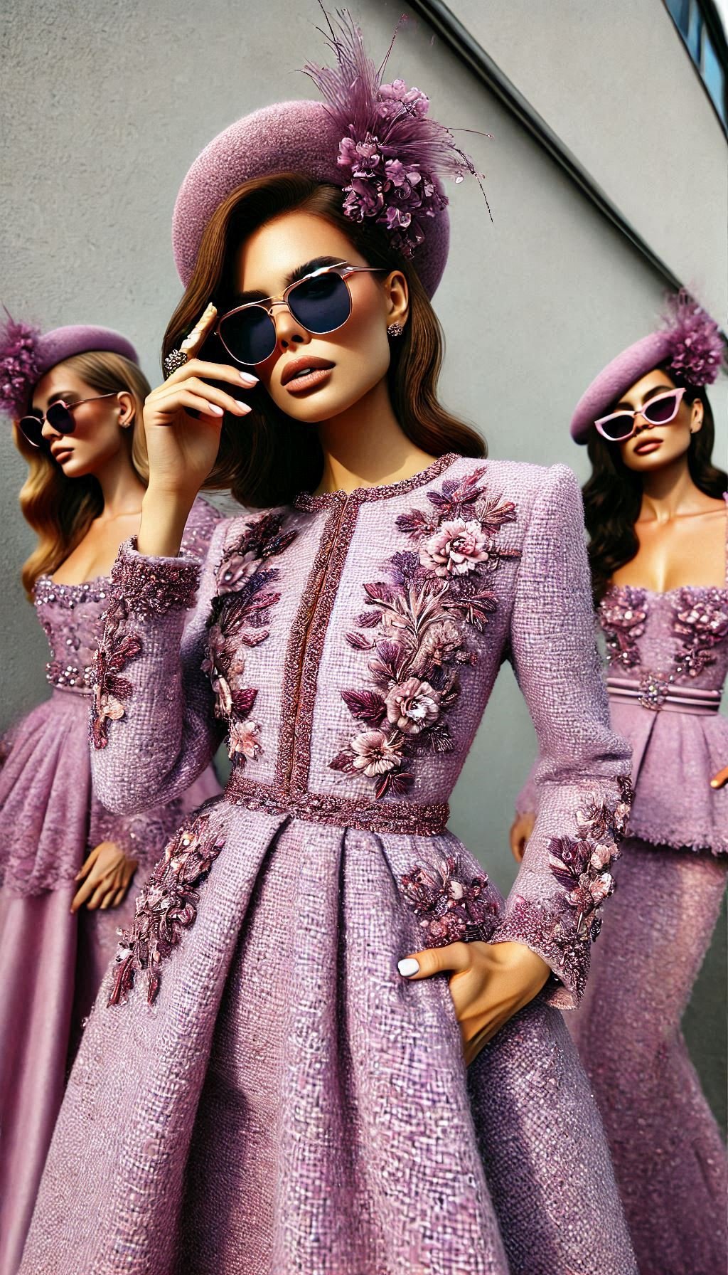 Step into elegance with this lavender tweed dress, perfect for any special occasion. It's a sophisticated look that’s sure to turn heads!