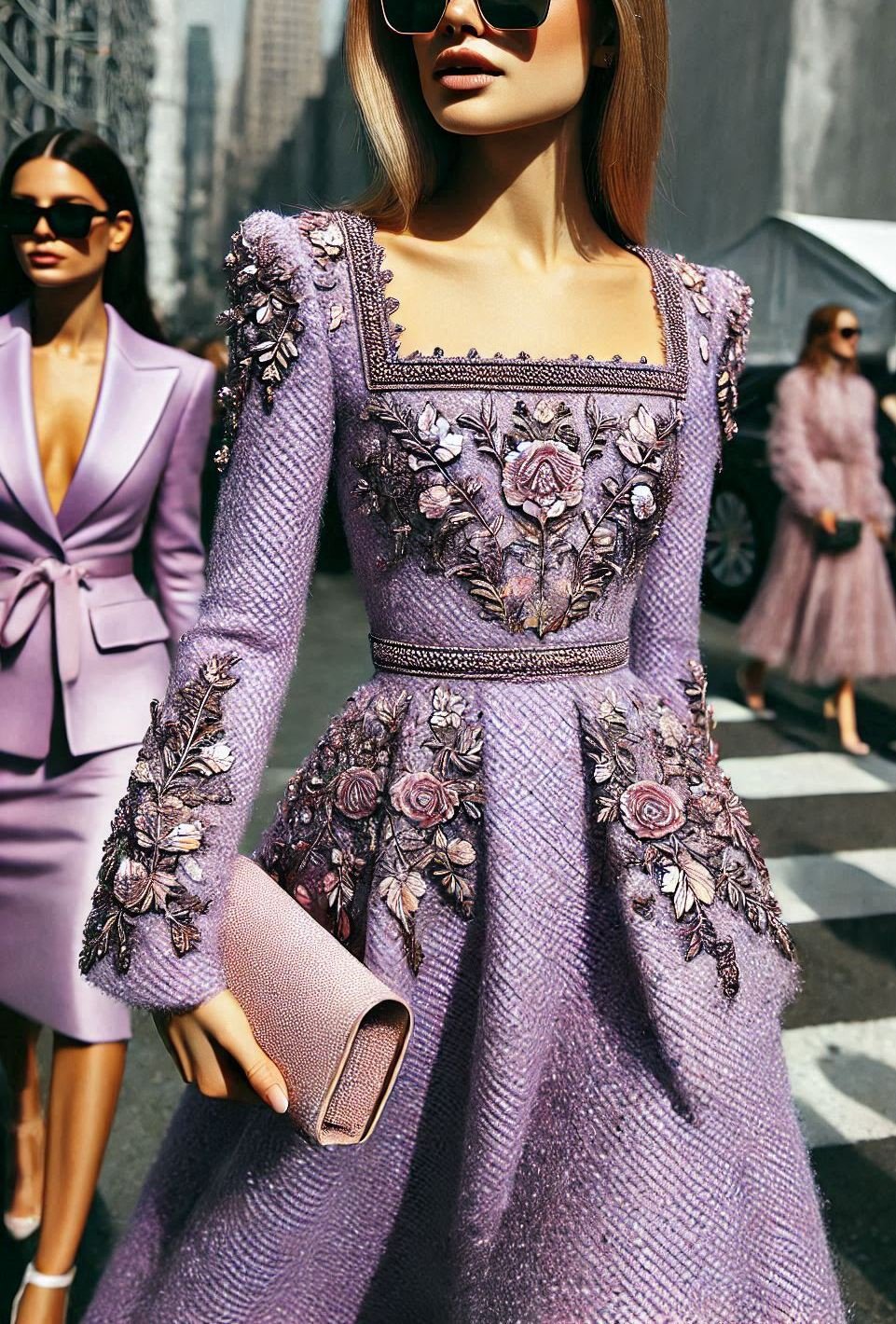 Step into elegance with this lavender tweed dress, perfect for any special occasion. It's a sophisticated look that’s sure to turn heads!