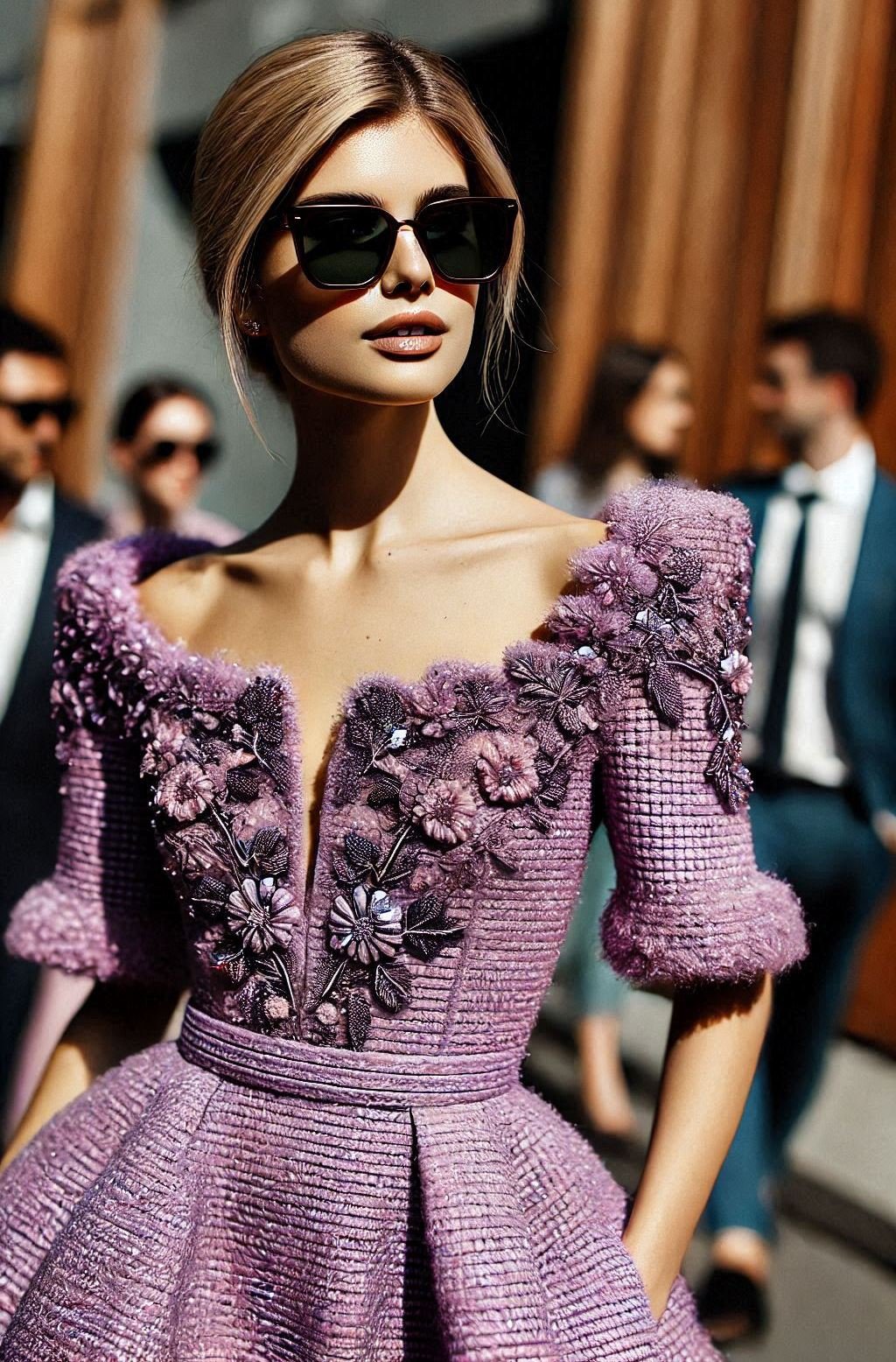 Make a statement at your next event with this stunning lavender tweed dress. It's the perfect blend of elegance and style.