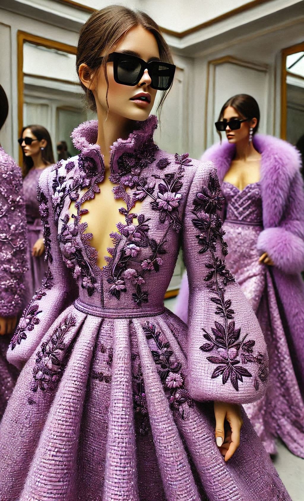 Get ready to dazzle in this beautiful lavender tweed dress. A perfect choice for special occasions, it's both elegant and fashionable.