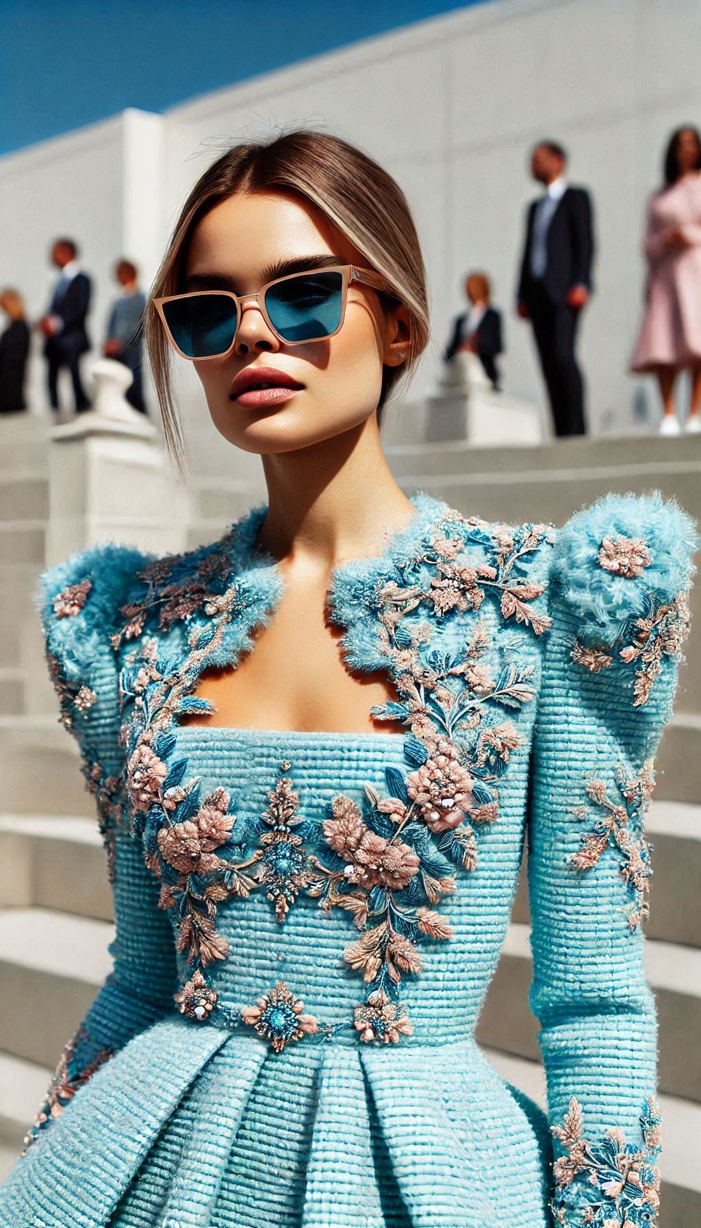 Step into sophistication with this light blue tweed dress. Perfect for any special occasion, it exudes elegance and grace.