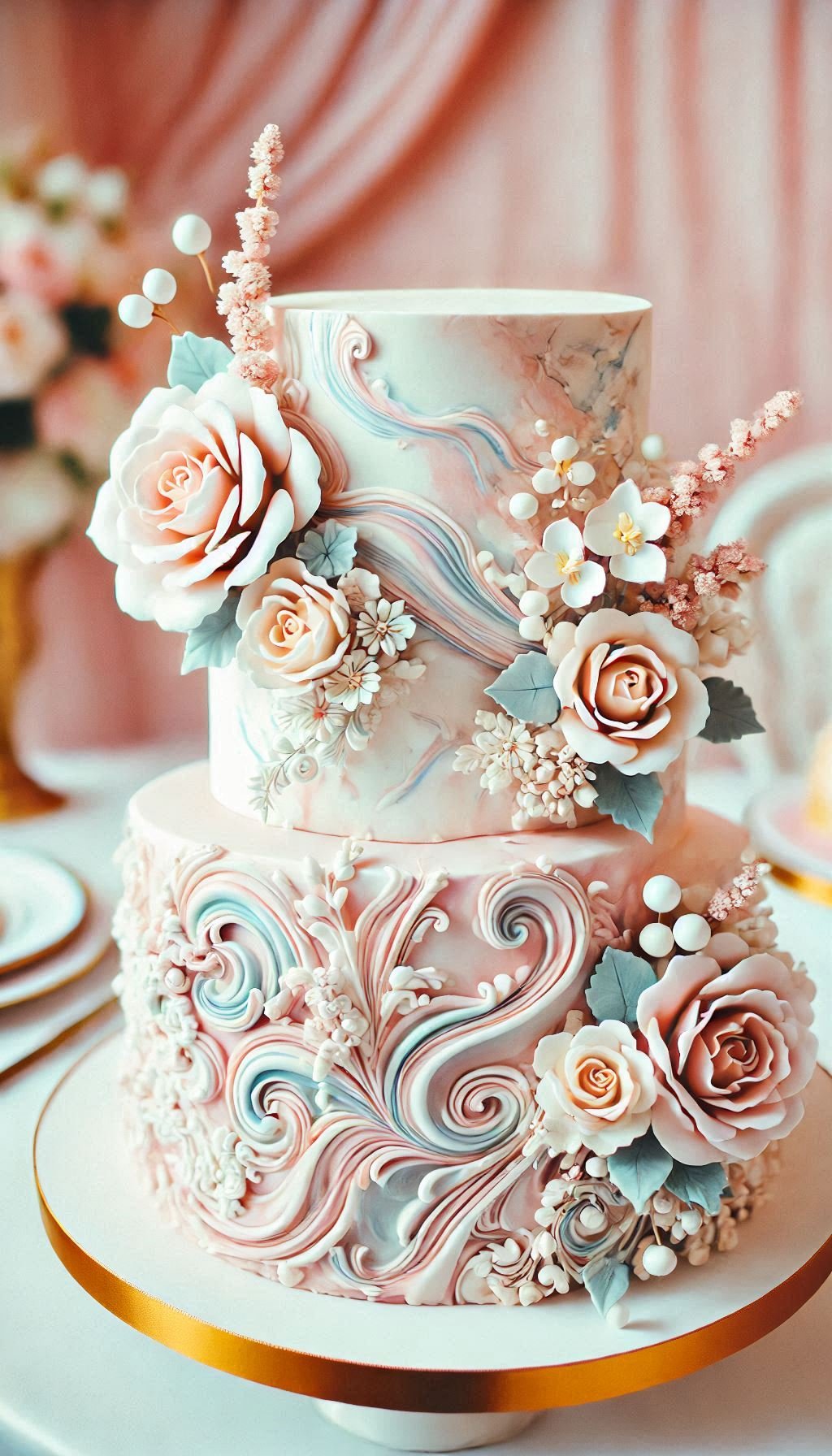 Transform your wedding cake into a masterpiece with marble-effect fondant in soft pastels. Elegant and dreamy, it’s the perfect touch of whimsy.