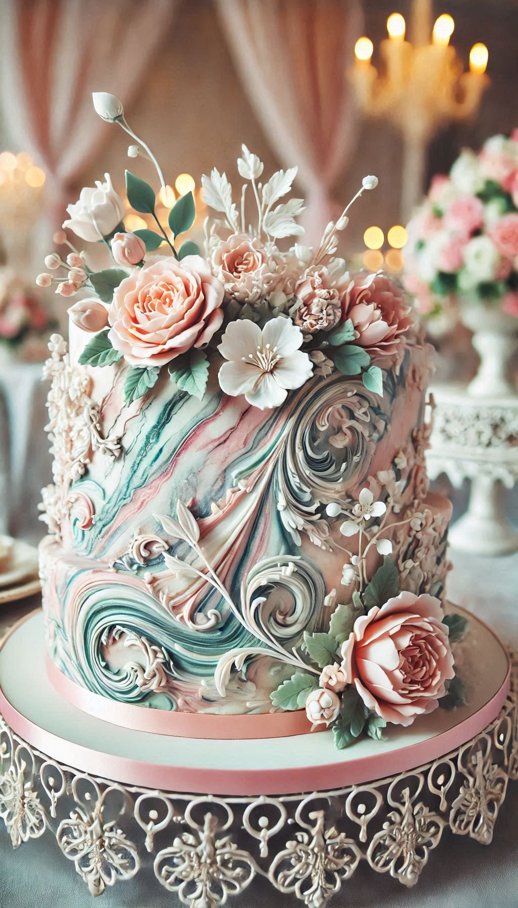 This marble-effect fondant cake in delicate pastels is perfect for your wedding day. A stunning blend of elegance and charm.