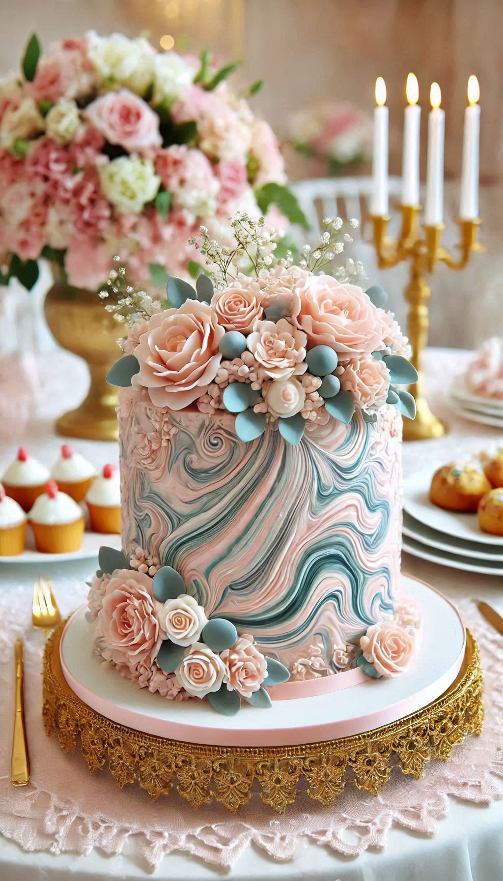 Celebrate your love with a wedding cake decorated in marble-effect fondant and soft pastel tones. It's a treat that's almost too beautiful to eat!