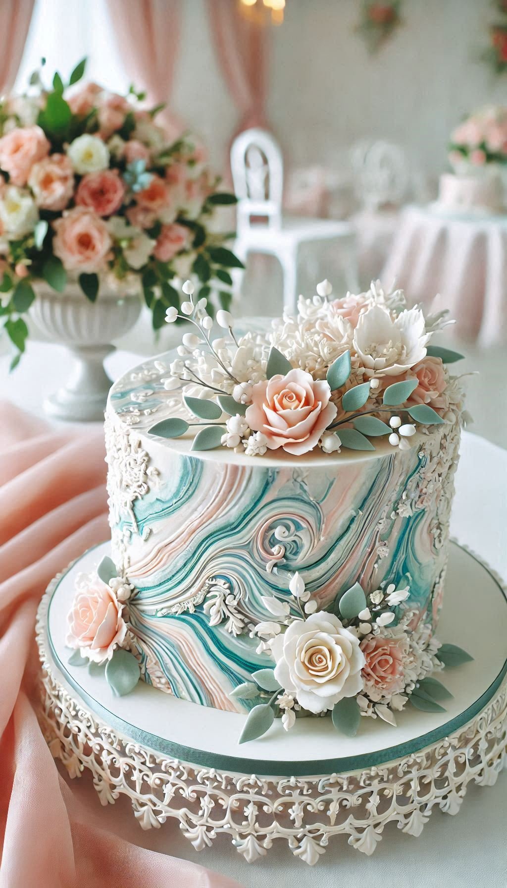 Elevate your wedding cake with marble-effect fondant in delicate pastel tones. A beautiful blend of sophistication and subtle charm.