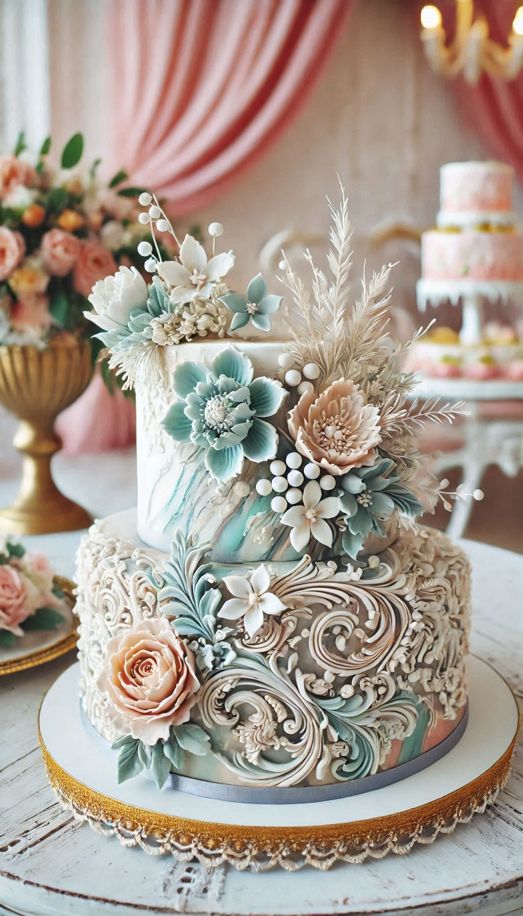 Create a picture-perfect wedding with a cake featuring marble-effect fondant in dreamy pastel tones. It's almost too pretty to eat!