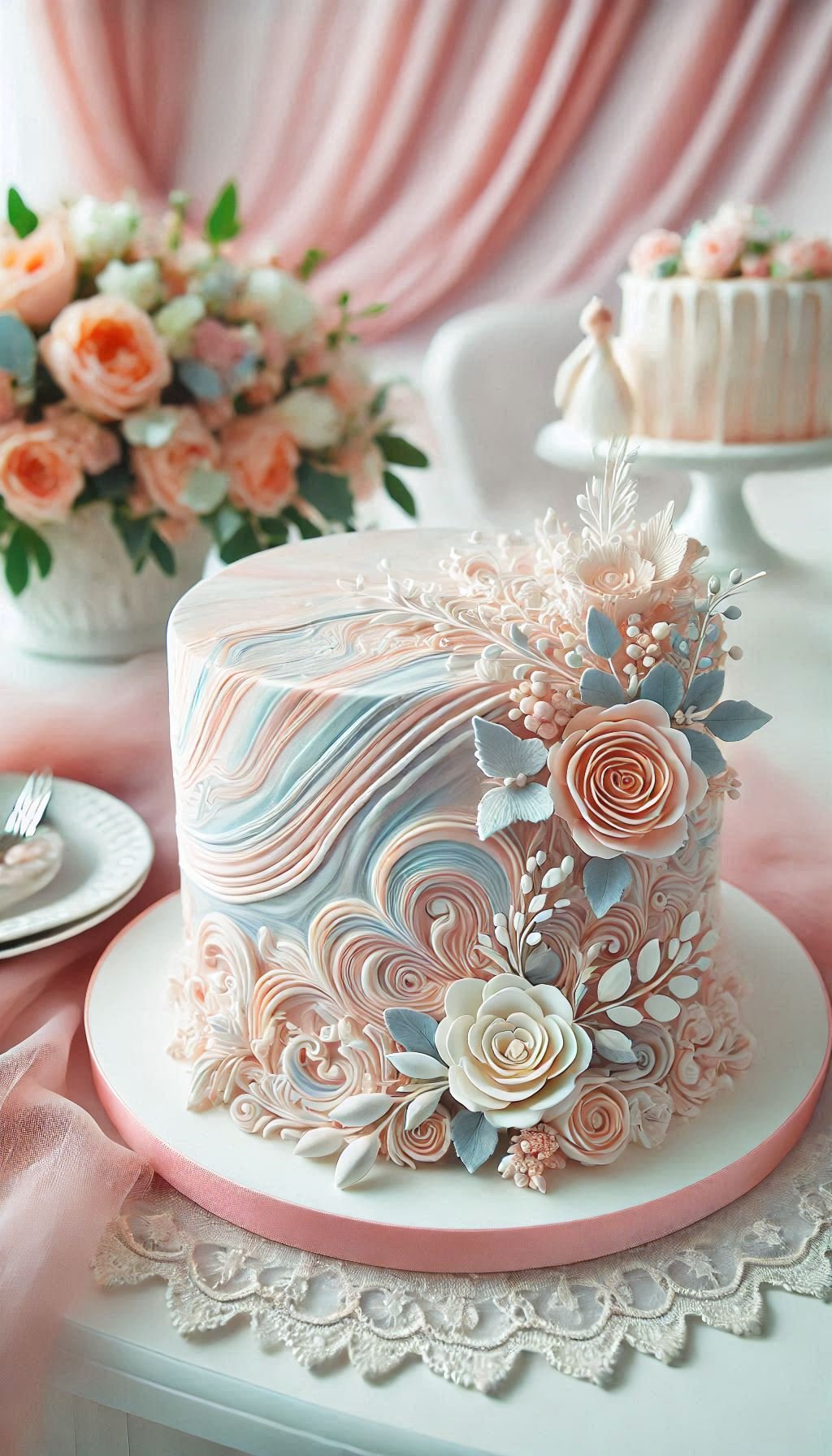 Add a touch of elegance to your wedding with a marble-effect fondant cake in soft pastels. A feast for the eyes and the palate!