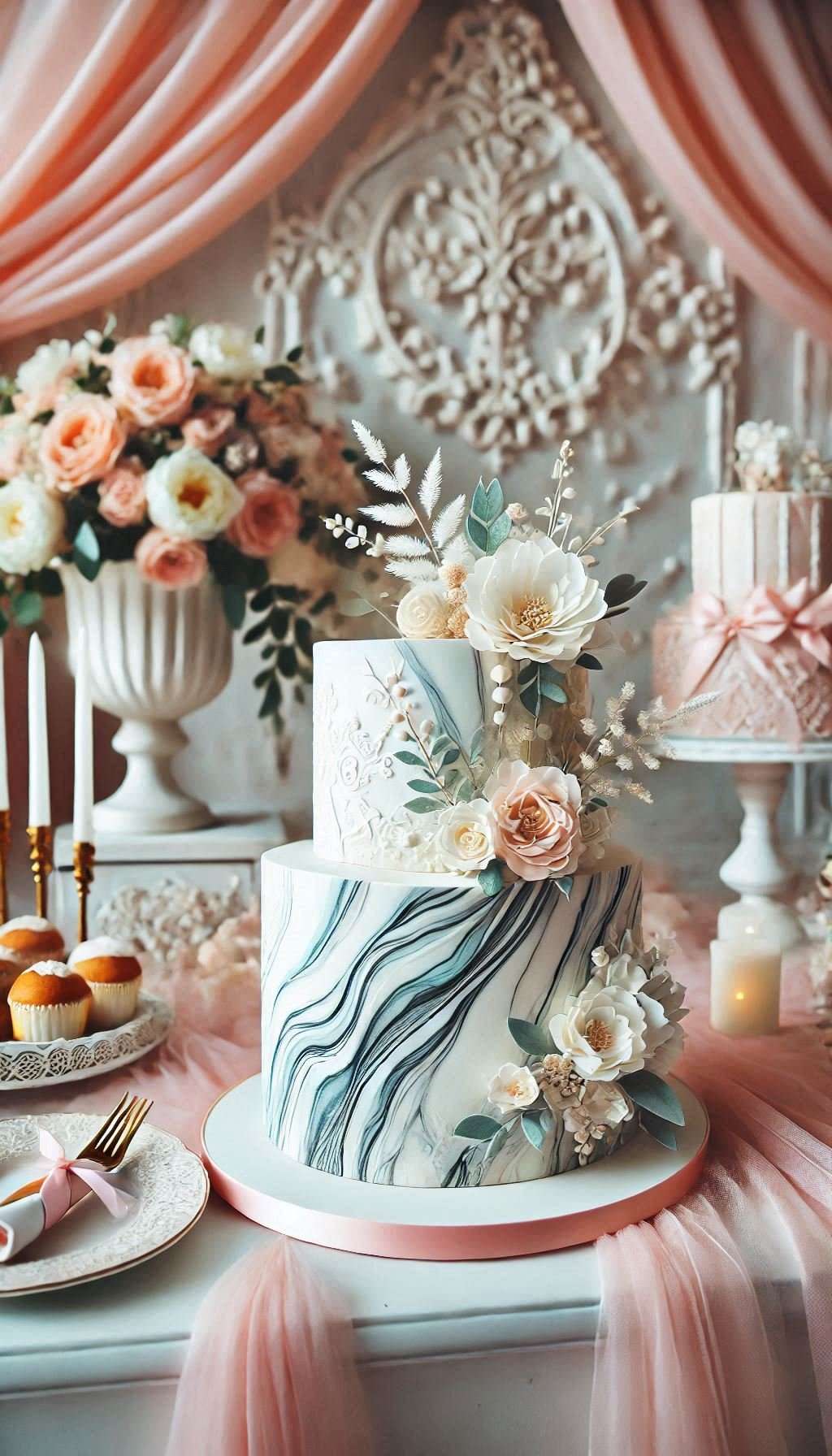 For a wedding cake that's as beautiful as your love story, choose marble-effect fondant in soft pastels. Elegant, whimsical, and oh-so-yummy.
