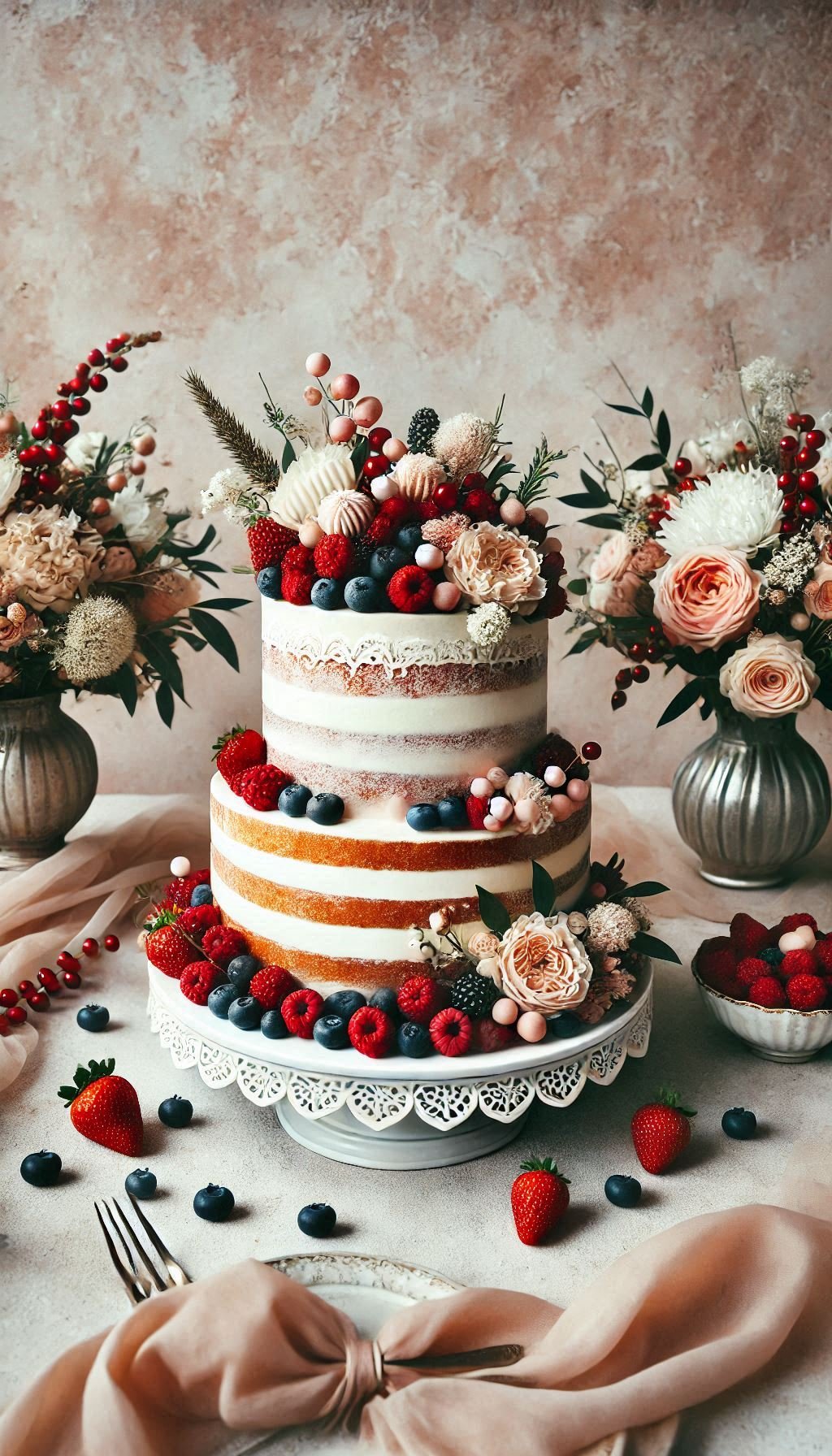 Less is more with this stunning naked cake. Minimal frosting and fresh berries make it a fresh and elegant wedding centerpiece.