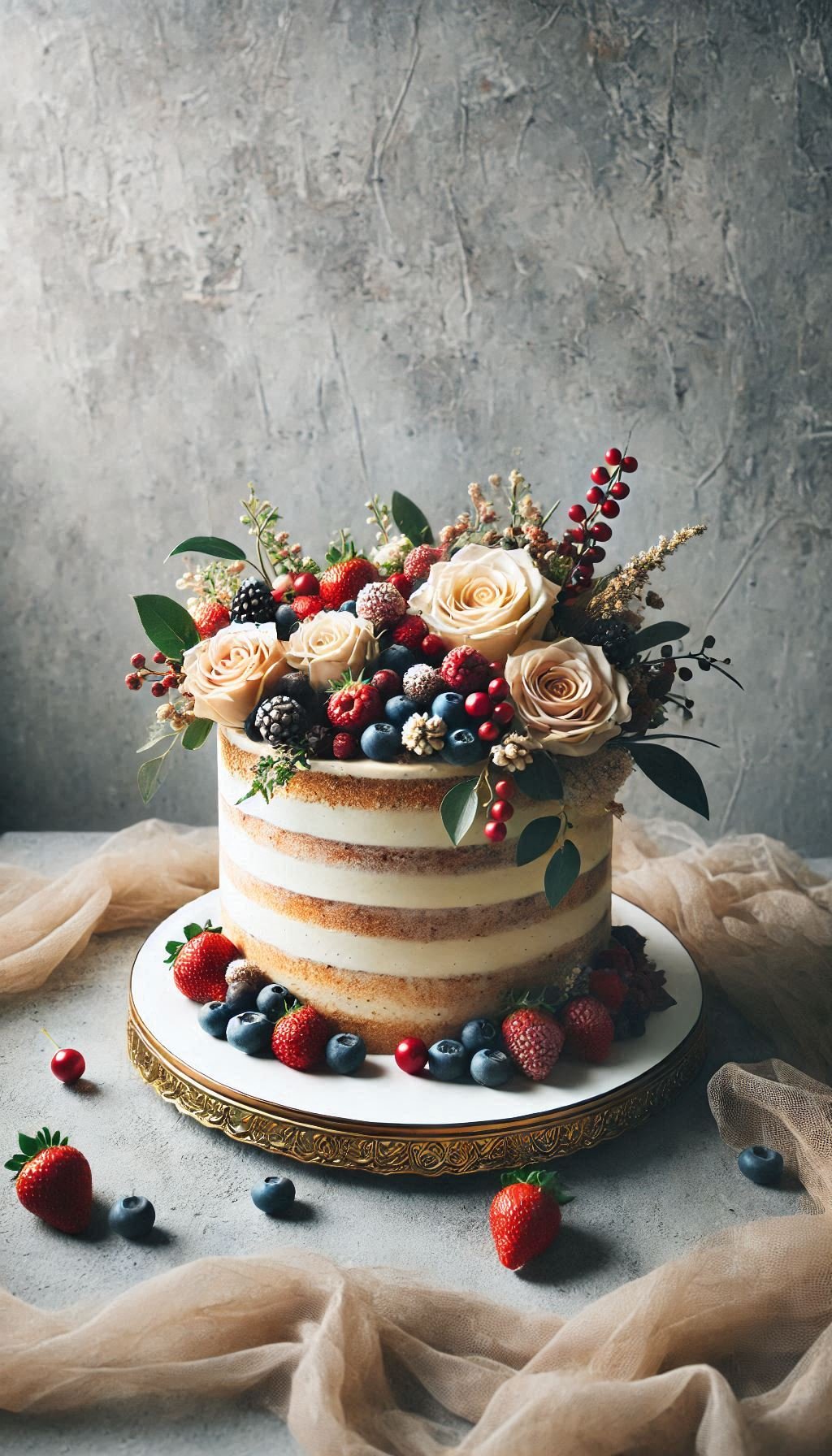 Let the natural flavors shine with this naked cake. Fresh berries and a touch of frosting make it a stunning wedding dessert.