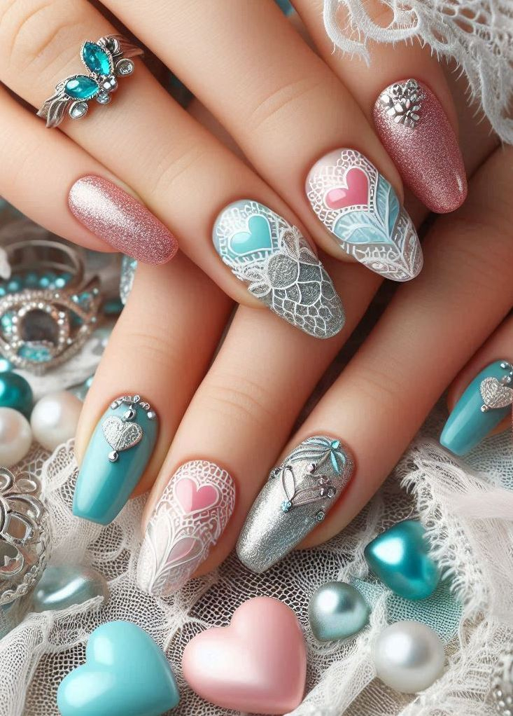 Get that vintage vibe with Embroidery Themed Pastels Heart nail art. Soft hues and intricate designs make your nails look like delicate fabric!