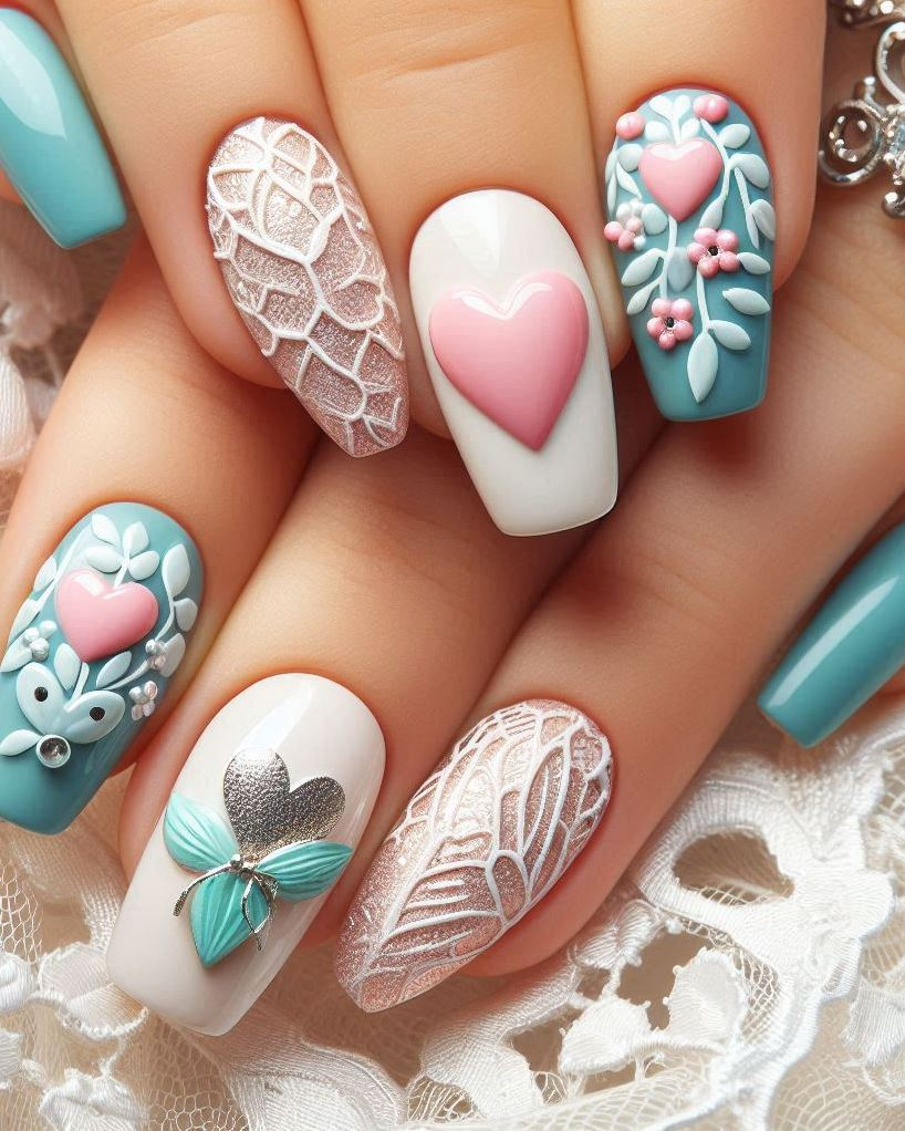 Bring a touch of artistry to your nails with Embroidery Themed Pastels Heart nail art. Soft, sweet, and oh-so-stylish!