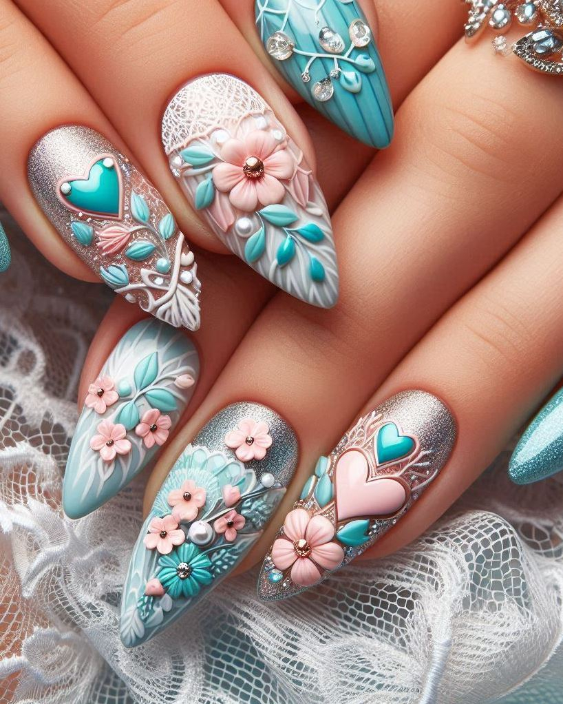 Make a statement with Embroidery Themed Pastels Heart nail art. These elegant designs are perfect for a vintage-inspired look!