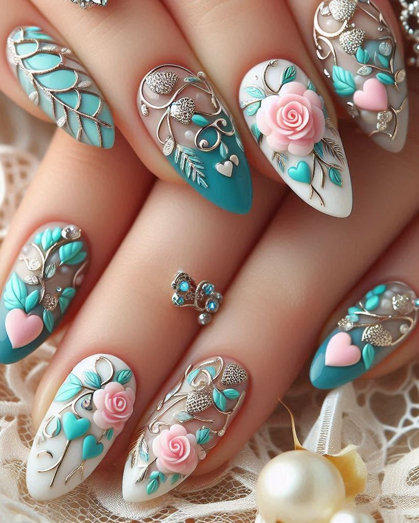 Heart Nail Art Ideas: Express your creativity with Embroidery Themed Pastels Heart nail art. The delicate patterns and soft hues will steal the show!