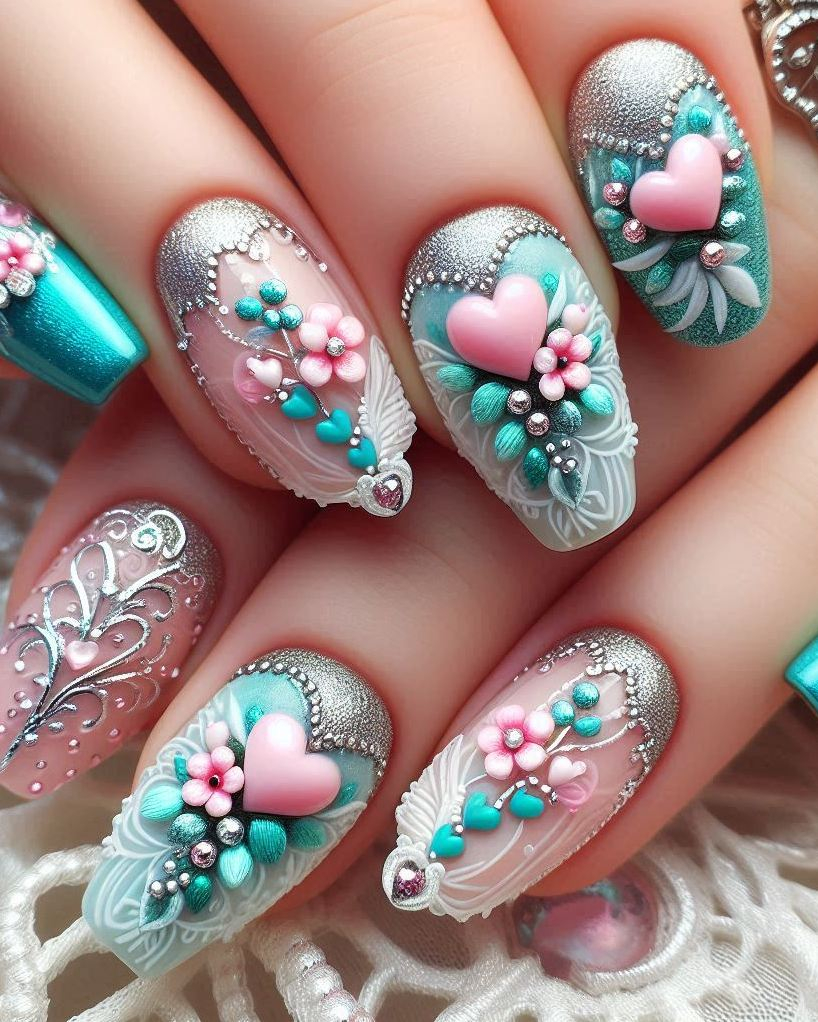 Get your nails noticed with Embroidery Themed Pastels Heart nail art. An exquisite blend of delicate designs and pastel colors!