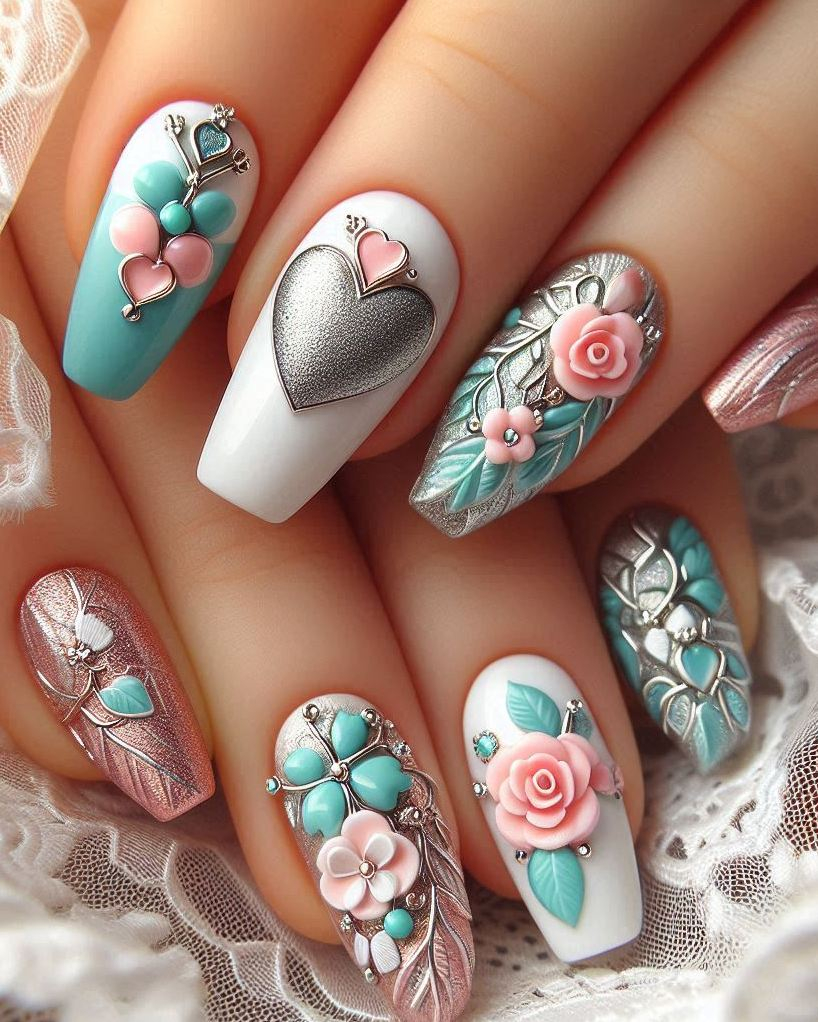 Add some flair to your manicure with Embroidery Themed Pastels Heart nail art. Perfect for those who love a touch of elegance!